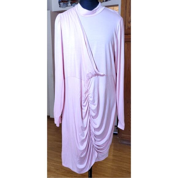 Curvy Sense Womens Dress 3X Pink Peach Ruching Asymmetrical LS Fairy Coquette - Picture 1 of 9